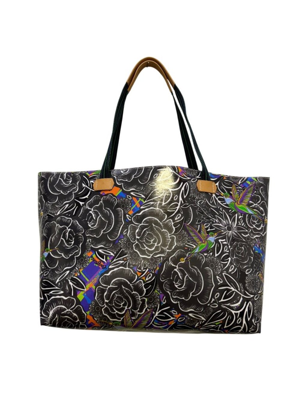 Consuela Tote Bag Black Floral Print With Green Handles & Leather Accents